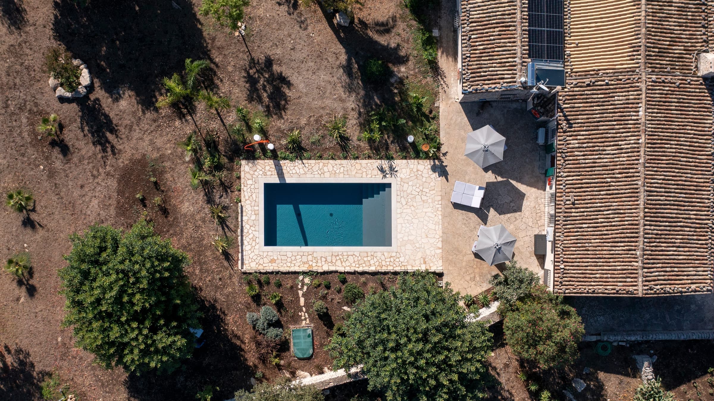 Aerial perspective of the swimming pool surrounded by lush gardens