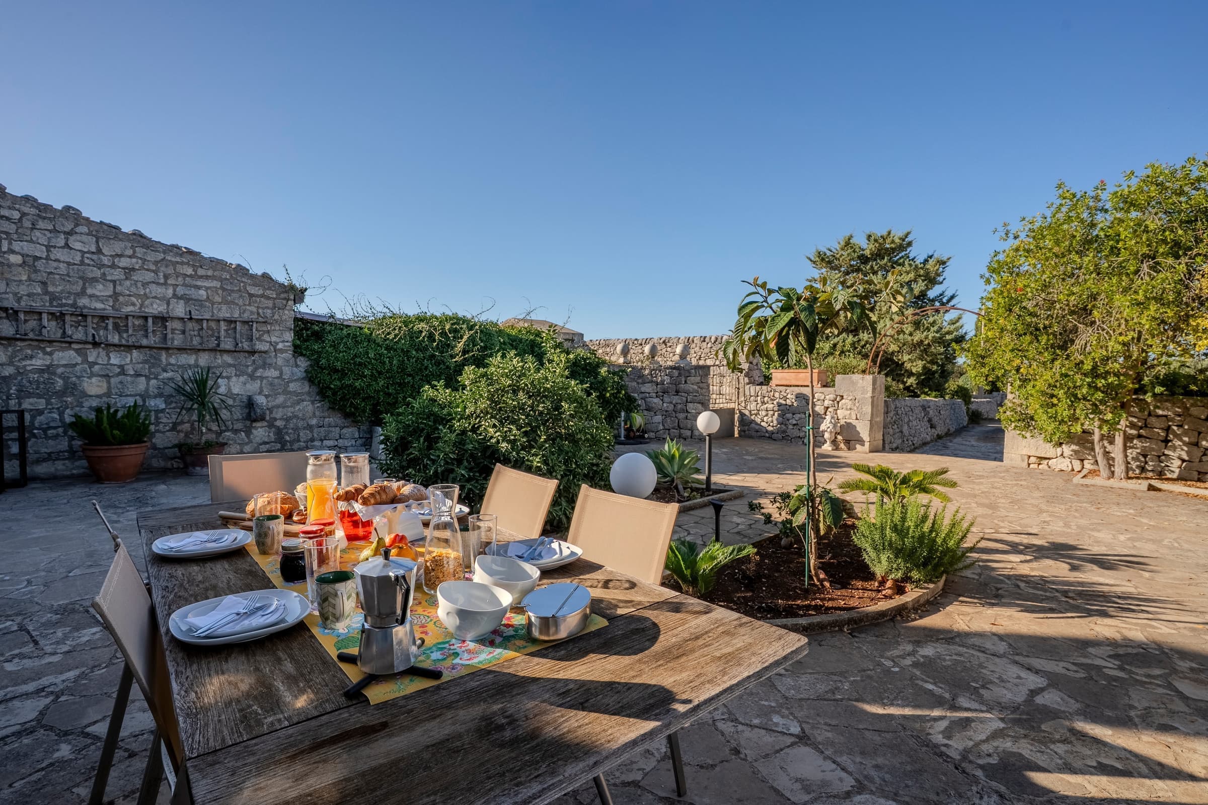 Outdoor breakfast setting with Sicilian delicacies